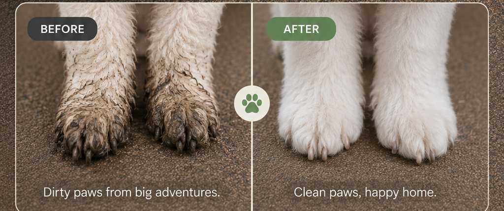 Before and after — dirty paws from big adventures to clean paws, happy home.